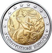 Italy 2 Euro 1st anniversary of the signing of the European Constitution 2005 R KM# 245 R 2005 M.C.C. RI COSTITUZIONE EUROPEA coin obverse Italy 2 Euro 1st anniversary of the signing of the European Constitution 2005 R KM# 245 R 2005 M.C.C. RI COSTITUZIONE EUROPEA coin obverse