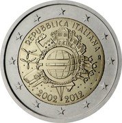 Italy 2 Euro 10 Years of Euro Banknotes and Coins 2012 R KM# 350 REPUBBLICA ITALIANA R A.H. € 2002 2012 coin obverse Italy 2 Euro 10 Years of Euro Banknotes and Coins 2012 R KM# 350 REPUBBLICA ITALIANA R A.H. € 2002 2012 coin obverse