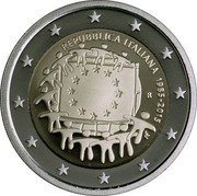 Italy 2 Euro 30th Anniversary of the Flag of the European Union 2015 R KM# 382 REPUBBLICA ITALIANA 1985-2015 ΓΣ coin obverse Italy 2 Euro 30th Anniversary of the Flag of the European Union 2015 R KM# 382 REPUBBLICA ITALIANA 1985-2015 ΓΣ coin obverse