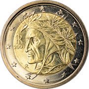 Italy 2 Euro Dante Alighieri 2007 R KM# 217 RI 2005 R M.C.C. coin obverse Italy 2 Euro Dante Alighieri 2007 R KM# 217 RI 2005 R M.C.C. coin obverse