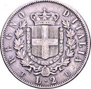 Italy 2 Lira Vittorio Emanuele II 1861 T B in shield KM# 6.1 REGNO D'ITALIA T B L. 2 coin reverse
