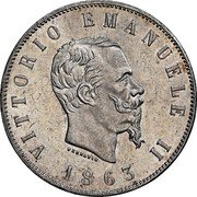 Italy 2 Lira Vittorio Emanuele II 1863 N BN KM# 6a.1 VITTORIO EMANUELE II FERRARIS 1863 coin obverse Italy 2 Lira Vittorio Emanuele II 1863 N BN KM# 6a.1 VITTORIO EMANUELE II FERRARIS 1863 coin obverse