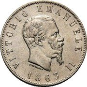 Italy 2 Lire Vittorio Emanuele II 1863 T BN KM# 16.2 VITTORIO EMANUELE II FERRARIS 1863 coin obverse Italy 2 Lire Vittorio Emanuele II 1863 T BN KM# 16.2 VITTORIO EMANUELE II FERRARIS 1863 coin obverse