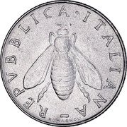 Italy 2 Lira Bee. Olive Branch 1959 R KM# 94 REPVBBLICA ITALIANA ROMAGNOLI coin obverse Italy 2 Lira Bee. Olive Branch 1959 R KM# 94 REPVBBLICA ITALIANA ROMAGNOLI coin obverse