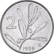 Italy 2 Lira Bee. Olive Branch 1959 R KM# 94 2 1985 R coin reverse Italy 2 Lira Bee. Olive Branch 1959 R KM# 94 2 1985 R coin reverse