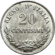Italy 20 Centesimi Vittorio Emanuele II 1863 M BN KM# 13.1 REGNO D'ITALIA 20 CENTESIMI M BN coin reverse Italy 20 Centesimi Vittorio Emanuele II 1863 M BN KM# 13.1 REGNO D'ITALIA 20 CENTESIMI M BN coin reverse