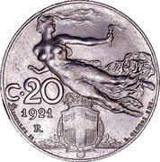 Italy 20 Centesimi Liberty 1921 R KM# 44 C.20 1921 R L. BISTOLFI M. L. GIORGI INC coin reverse Italy 20 Centesimi Liberty 1921 R KM# 44 C.20 1921 R L. BISTOLFI M. L. GIORGI INC coin reverse