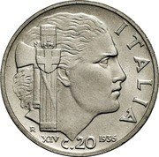 Italy 20 Centesimi Vittorio Emanuele III 1936 R Yr XIV KM# 75 ITALIA R XIV 1936 C.20 coin reverse Italy 20 Centesimi Vittorio Emanuele III 1936 R Yr XIV KM# 75 ITALIA R XIV 1936 C.20 coin reverse