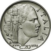 Italy 20 Centesimi Vittorio Emanuele III. Non-magnetic. Reeded Edge 1939 R Yr XVIII KM# 75d ITALIA R XVIII 1939 C.20 coin reverse Italy 20 Centesimi Vittorio Emanuele III. Non-magnetic. Reeded Edge 1939 R Yr XVIII KM# 75d ITALIA R XVIII 1939 C.20 coin reverse