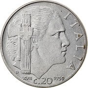 Italy 20 Centesimi Vittorio Emanuele III. Magnetic. Reeded Edge 1939 R Yr XVII KM# 75b ITALIA R XXI 1943 C.20 coin reverse Italy 20 Centesimi Vittorio Emanuele III. Magnetic. Reeded Edge 1939 R Yr XVII KM# 75b ITALIA R XXI 1943 C.20 coin reverse