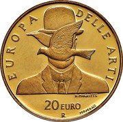 Italy 20 Euro Belgium. Rene Magritte 2004 R Proof KM# 242 EUROPA DELLE ARTI 20 EURO R R. MAGRITTE MOMONI coin reverse Italy 20 Euro Belgium. Rene Magritte 2004 R Proof KM# 242 EUROPA DELLE ARTI 20 EURO R R. MAGRITTE MOMONI coin reverse