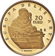 Italy 20 Euro Netherlands. Jan Vermeer 2008 R Proof KM# 308 EUROPA DELLE ARTI 20 EURO R J. VERMEER coin reverse
