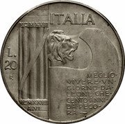 Italy 20 Lira 10th anniversary of end of World War I 1928 R Yr VI KM# 70 MCMXVIII ITALIA L. 20 R MCMXXVIII A.VI MEGLIO VIVERE VN GIORNO DA LEONE CHE CENTO ANNI DA PECO RA coin reverse Italy 20 Lira 10th anniversary of end of World War I 1928 R Yr VI KM# 70 MCMXVIII ITALIA L. 20 R MCMXXVIII A.VI MEGLIO VIVERE VN GIORNO DA LEONE CHE CENTO ANNI DA PECO RA coin reverse
