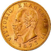 Italy 20 Lira Vittorio Emanuele II 1873 M BN KM# 10.3 VITTORIO EMANUELE II FERRARIS 1873 coin obverse Italy 20 Lira Vittorio Emanuele II 1873 M BN KM# 10.3 VITTORIO EMANUELE II FERRARIS 1873 coin obverse