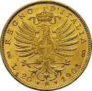 Italy 20 Lira Vittorio Emanuele III. Aquila Sabauda 1903 R KM# 37.1 REGNO D'ITALIA L.20 R 1902 coin reverse Italy 20 Lira Vittorio Emanuele III. Aquila Sabauda 1903 R KM# 37.1 REGNO D'ITALIA L.20 R 1902 coin reverse