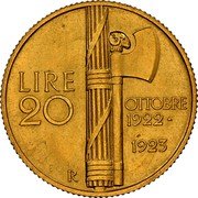 Italy 20 Lira Vittorio Emanuele III Fascism Anniversary 1923 R KM# 64 LIRE 20 OTTOBRE 1922 1923 R coin reverse Italy 20 Lira Vittorio Emanuele III Fascism Anniversary 1923 R KM# 64 LIRE 20 OTTOBRE 1922 1923 R coin reverse