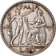 Italy 20 Lira Vittorio Emanuele III 1927 R Yr VI KM# 69 ITALIA A.VI 1927 L.20 G.ROMAGNOLI A.MOTTI INC. coin reverse Italy 20 Lira Vittorio Emanuele III 1927 R Yr VI KM# 69 ITALIA A.VI 1927 L.20 G.ROMAGNOLI A.MOTTI INC. coin reverse