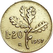 Italy 20 Lira Oak Leaves 1957 R KM# 97.1 L 20 R 1957 coin reverse Italy 20 Lira Oak Leaves 1957 R KM# 97.1 L 20 R 1957 coin reverse