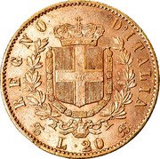 Italy 20 Lira Vittorio Emanuele II 1868 T BN KM# 10.1 REGNO D'ITALIA T L.20 BN coin reverse Italy 20 Lira Vittorio Emanuele II 1868 T BN KM# 10.1 REGNO D'ITALIA T L.20 BN coin reverse
