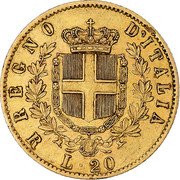 Italy 20 Lira Vittorio Emanuele II 1876 R KM# 10.2 REGNO D'ITALIA R L 20 coin reverse Italy 20 Lira Vittorio Emanuele II 1876 R KM# 10.2 REGNO D'ITALIA R L 20 coin reverse