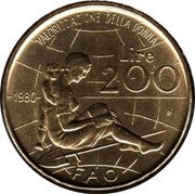 Italy 200 Lira International Women's Year 1980 R KM# 107 VALORIZZAZIONE DELLA DONNA LIRE 200 1980 R FAO coin reverse