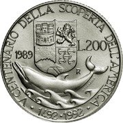 Italy 200 Lira Colombo - The departure 1989 R KM# 138 V CENTENARIO DELLA SCOPERTA DELL AMERICA 1492-1992 1989 L.200 R U.PERNAZZA coin reverse