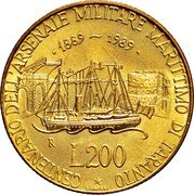 Italy 200 Lira Taranto Naval Arsenal 1989 R KM# 130 CENTENARIO DELL'ARSENALE MILITARE MARITTIMO DI TARANTO L.200 1889 - 1989 S. GROSSI coin reverse Italy 200 Lira Taranto Naval Arsenal 1989 R KM# 130 CENTENARIO DELL'ARSENALE MILITARE MARITTIMO DI TARANTO L.200 1889 - 1989 S. GROSSI coin reverse