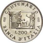 Italy 200 Lira Centenary of the Bank of Italy 1993 R KM# 172 CENTENARIO BANCA D'ITALIA 1893-1993 L 200 R coin reverse Italy 200 Lira Centenary of the Bank of Italy 1993 R KM# 172 CENTENARIO BANCA D'ITALIA 1893-1993 L 200 R coin reverse