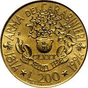 Italy 200 Lira 180th Anniversy of the Carabinieri 1994 R KM# 164 ARMA DEI CARABINIERI R IR CLXXX NEI SECOLI FEDELE 1814 L.200 1994 ZANELLI MOD. GROSSI INC. coin reverse Italy 200 Lira 180th Anniversy of the Carabinieri 1994 R KM# 164 ARMA DEI CARABINIERI R IR CLXXX NEI SECOLI FEDELE 1814 L.200 1994 ZANELLI MOD. GROSSI INC. coin reverse