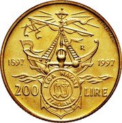 Italy 200 Lira Centennial of the Naval League 1997 R KM# 186 E.L.FRAPICCINI R 1897 1997 LEGA NAVALE ITALIANA LNI 200 LIRE coin reverse Italy 200 Lira Centennial of the Naval League 1997 R KM# 186 E.L.FRAPICCINI R 1897 1997 LEGA NAVALE ITALIANA LNI 200 LIRE coin reverse