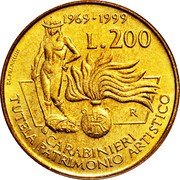 Italy 200 Lira The Carabinieri. Protectors of Art Heritage 1999 R KM# 218 1969-1999 L.200 R RI E.L.FRAPICCINI CARABINIERI TUTELA PATRIMONIO ARTISTICO coin reverse Italy 200 Lira The Carabinieri. Protectors of Art Heritage 1999 R KM# 218 1969-1999 L.200 R RI E.L.FRAPICCINI CARABINIERI TUTELA PATRIMONIO ARTISTICO coin reverse