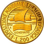 Italy 200 Lira Philatelic Exhibition 1992 R Proof KM# 151 ESPOSIZIONE MONDIALE DI FILATELIA TEMATICA L. 200 GENOVA 92 1992 R GROSSI coin reverse Italy 200 Lira Philatelic Exhibition 1992 R Proof KM# 151 ESPOSIZIONE MONDIALE DI FILATELIA TEMATICA L. 200 GENOVA 92 1992 R GROSSI coin reverse