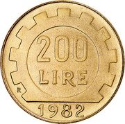 Italy 200 Lira Tandwielen 1982 R KM# 105 200 LIRE R 1977 coin reverse Italy 200 Lira Tandwielen 1982 R KM# 105 200 LIRE R 1977 coin reverse