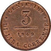 Italy 3 Centesimi Lion of St. Mark. Venice 1849 ZV KM# 808 CENTESIMI 3 1849 DI LIRA CORRENTE coin reverse Italy 3 Centesimi Lion of St. Mark. Venice 1849 ZV KM# 808 CENTESIMI 3 1849 DI LIRA CORRENTE coin reverse