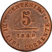 Italy 5 Centesimi Lion of St. Mark. Venice 1849 ZV KM# 809 CENTESIMI 5 1849 DI LIRA CORRENTE coin reverse Italy 5 Centesimi Lion of St. Mark. Venice 1849 ZV KM# 809 CENTESIMI 5 1849 DI LIRA CORRENTE coin reverse