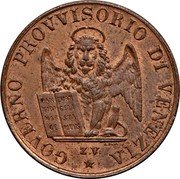 Italy 5 Centesimi Lion of St. Mark. Venice 1849 ZV KM# 809 GOVERNO PROVVISORIO DI VENEZIA PAX TIBI MAR CE EVAN GELI STA MEUS Z.V A. FABRIS coin obverse Italy 5 Centesimi Lion of St. Mark. Venice 1849 ZV KM# 809 GOVERNO PROVVISORIO DI VENEZIA PAX TIBI MAR CE EVAN GELI STA MEUS Z.V A. FABRIS coin obverse