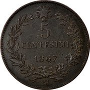 Italy 5 Centesimi Vittorio Emanuele II 1867 M KM# 3.2 5 CENTESIMI 1861 M coin reverse Italy 5 Centesimi Vittorio Emanuele II 1867 M KM# 3.2 5 CENTESIMI 1861 M coin reverse