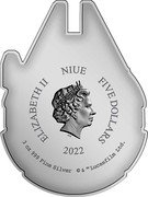 Niue Five Dollars Millennium Falcon 2022 Proof ELIZABETH II NIUE FIVE DOLLARS IRB 2021 3 OZ 999 FINE SILVER © & TM LUCASFILM LTD. coin obverse Niue Five Dollars Millennium Falcon 2022 Proof ELIZABETH II NIUE FIVE DOLLARS IRB 2021 3 OZ 999 FINE SILVER © & TM LUCASFILM LTD. coin obverse