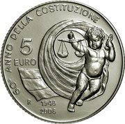 Italy 5 Euro 60th anniversary of the Constitution 2008 KM# 304 60° ANNO DELLA COSTITUZIONE 5 EURO R 1948 2008 coin reverse Italy 5 Euro 60th anniversary of the Constitution 2008 KM# 304 60° ANNO DELLA COSTITUZIONE 5 EURO R 1948 2008 coin reverse