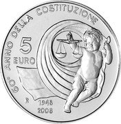 Italy 5 Euro 60 years of Italian Constitution 2008 R KM# 281 REPUBBLICA ITALIANA L'ITALIA E UNA REPUBBLICIA DEMOCRATICA FONDATA SUL LAVDRO CASSOL coin reverse Italy 5 Euro 60 years of Italian Constitution 2008 R KM# 281 REPUBBLICA ITALIANA L'ITALIA E UNA REPUBBLICIA DEMOCRATICA FONDATA SUL LAVDRO CASSOL coin reverse