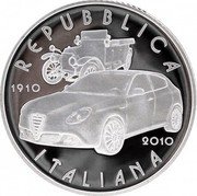 Italy 5 Euro 100th Anniversary of Alfa Romeo 2010 R Proof KM# 329 REPUBBLICA 1910 2010 ITALIANA coin obverse Italy 5 Euro 100th Anniversary of Alfa Romeo 2010 R Proof KM# 329 REPUBBLICA 1910 2010 ITALIANA coin obverse
