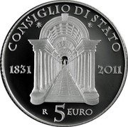 Italy 5 Euro 180th Anniversary Council of State 2011 R Proof KM# 343 CONSIGLIO DI STATO 1831 2011 5 EURO R coin reverse Italy 5 Euro 180th Anniversary Council of State 2011 R Proof KM# 343 CONSIGLIO DI STATO 1831 2011 5 EURO R coin reverse