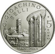Italy 5 Euro 150th Anniversary of Death of Giuseppe Gioachino Belli 2013 KM# 360 G. GIOACHINO BELLI R 5 E U R O 1863 - 2013 MOMONI coin reverse Italy 5 Euro 150th Anniversary of Death of Giuseppe Gioachino Belli 2013 KM# 360 G. GIOACHINO BELLI R 5 E U R O 1863 - 2013 MOMONI coin reverse