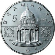 Italy 5 Euro 500th Anniversary of the death of Donato Bramante 2014 KM# 378 BRAMANTE 5 EURO 1514 2014 R coin reverse Italy 5 Euro 500th Anniversary of the death of Donato Bramante 2014 KM# 378 BRAMANTE 5 EURO 1514 2014 R coin reverse