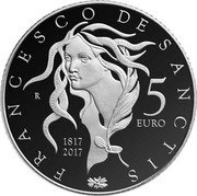 Italy 5 Euro 200th Anniversary of Birth of Francesco de Sanctis 2017 R Proof KM# 405 FRANCESCO DE SANCTIS LA POESIA CAVALLERESCA STORIA DELLA LETTERATURA ITALIANA EPISTOLARIO PURISMO ILLUMINISMO STORICISMO R 5 EURO 1817 2017 coin reverse