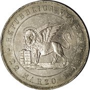Italy 5 Lire Venice 1848 V KM# 805 REPUBBLICA VENETA 22 MARZO 1848 coin obverse Italy 5 Lire Venice 1848 V KM# 805 REPUBBLICA VENETA 22 MARZO 1848 coin obverse
