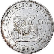 Italy 5 Lira Venice Coinage 1848 V KM# 804 REPUBBLICA VENETA 22 MARZO 1848 coin obverse Italy 5 Lira Venice Coinage 1848 V KM# 804 REPUBBLICA VENETA 22 MARZO 1848 coin obverse