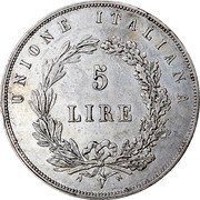 Italy 5 Lira Venice Coinage 1848 V KM# 804 UNIONE ITALIANA 5 LIRE V coin reverse Italy 5 Lira Venice Coinage 1848 V KM# 804 UNIONE ITALIANA 5 LIRE V coin reverse