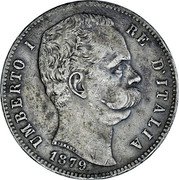 Italy 5 Lira Umberto I 1879 R KM# 20 UMBERTO I RE D'ITALIA 1879 coin obverse Italy 5 Lira Umberto I 1879 R KM# 20 UMBERTO I RE D'ITALIA 1879 coin obverse