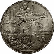 Italy 5 Lira 50th Anniversary of the Kingdom 1911 R KM# 53 1861-1911 L 5 R coin reverse Italy 5 Lira 50th Anniversary of the Kingdom 1911 R KM# 53 1861-1911 L 5 R coin reverse